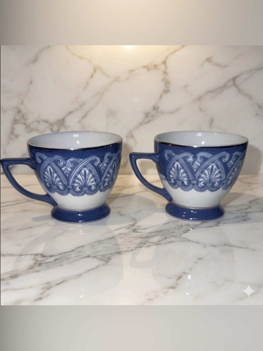 Bombay Co Set 2 Arabesque Tile Tea Cups Blue White Silver Trim Chinoiserie
